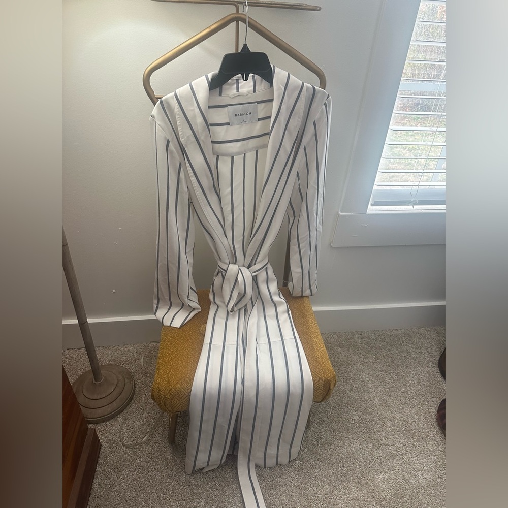 Aritzia Long Sleeve Striped White Dress with Navy Stripes
